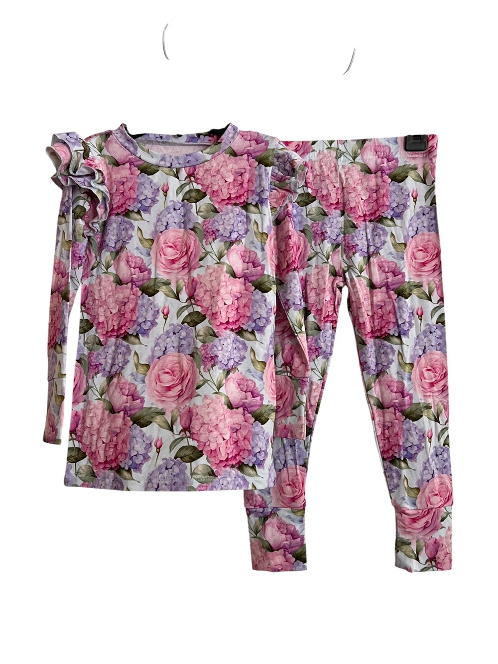 Bums & Roses Floral Ruffle-Shoulder Pajama Set - Pink & Purple